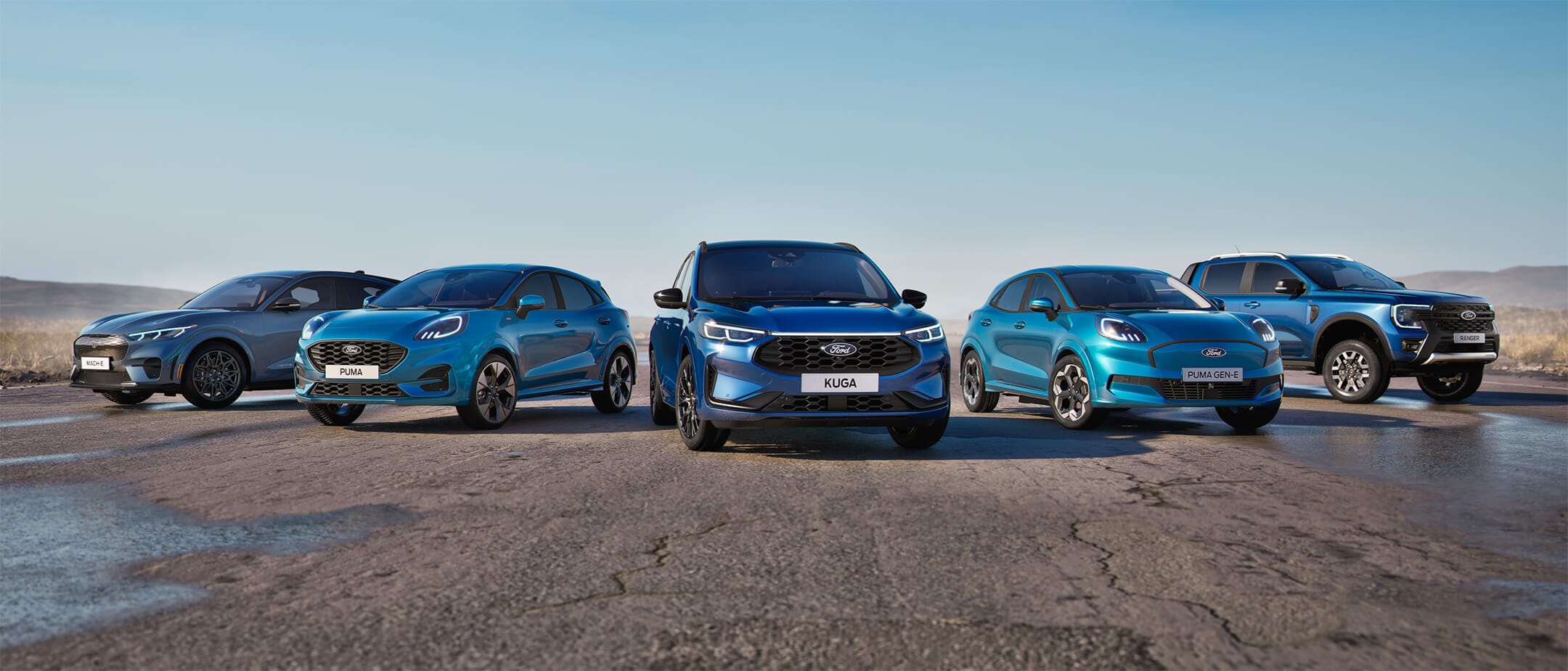 Gamme de véhicules équipés du système de conduite mains libres Ford BlueCruise, comprenant notamment la Mustang Mach-E, le Puma, le Kuga, le Puma Gen-E et le Ranger.