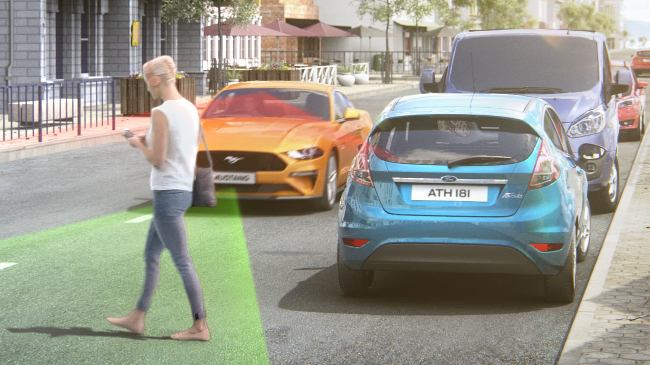 Ford Mustang detecting a pedestrian on a street