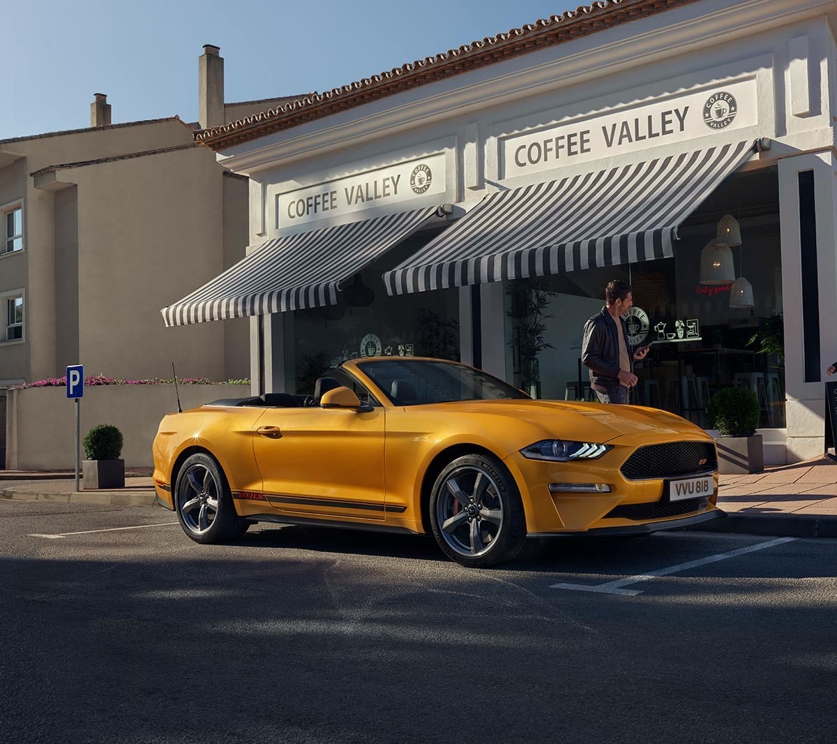 Ford Mustang California Edition parked infront of a coffee shop