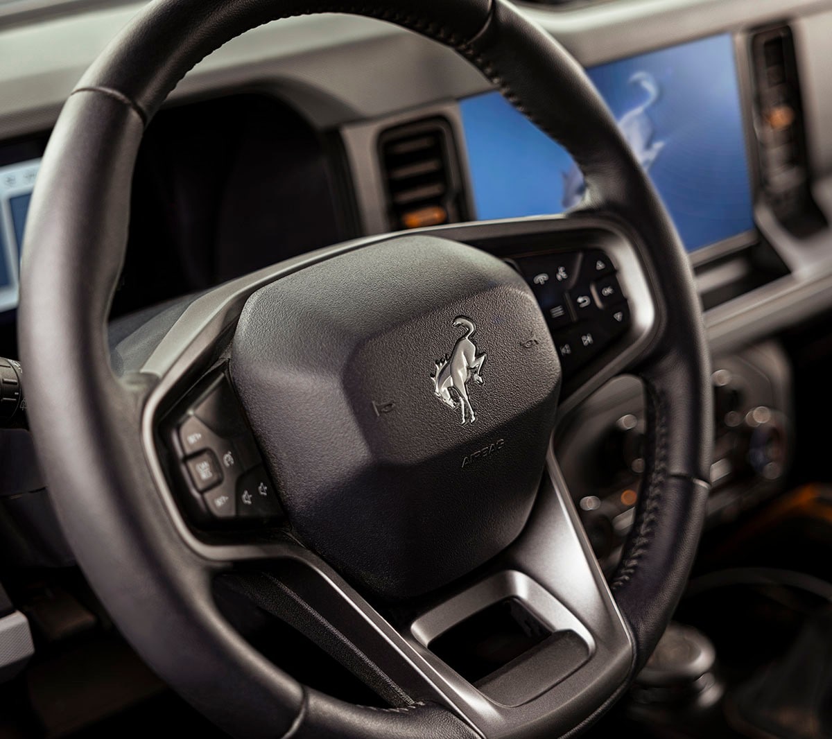 Ford Bronco heated leather steering wheel close-up