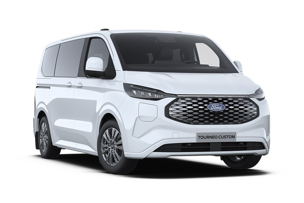 Angle avant gauche d’un Ford E-Tourneo Custom Titanium blanc.