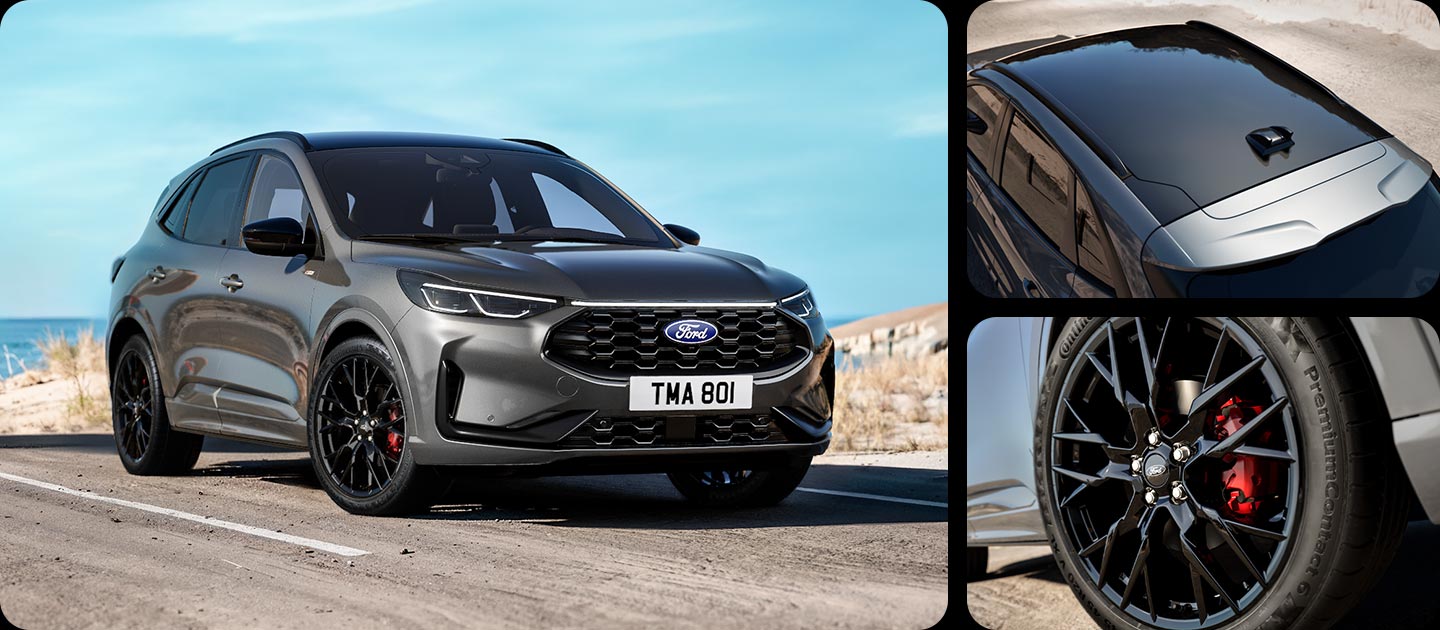 Ford Kuga Black Package gris, avec gros plan sur les jantes en alliage noir 20 pouces et les finitions extérieures noires.