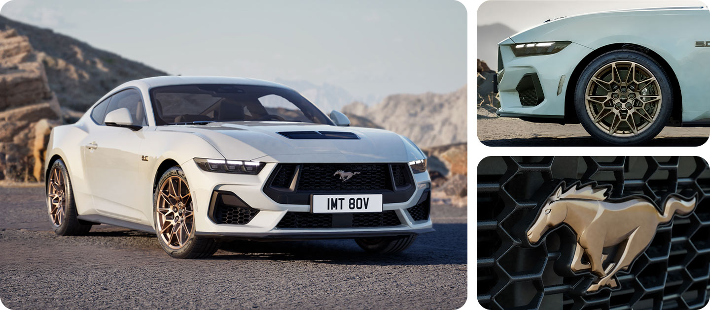 Trois photos en grille montrant une Ford Mustang GT Coupé blanche avec Bronze Pack sur une route de montagne