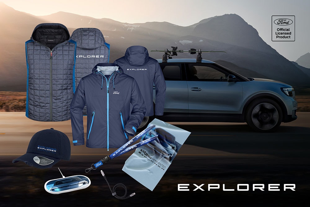 Articles Ford Explorer bleu tels que vestes, casquettes et autres accessoires, présentés pour un Ford Explorer bleu.