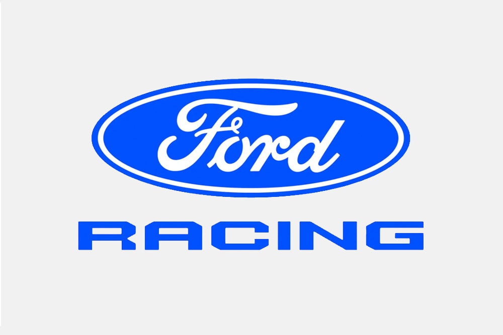 Logo officiel de Ford Racing sur fond blanc.