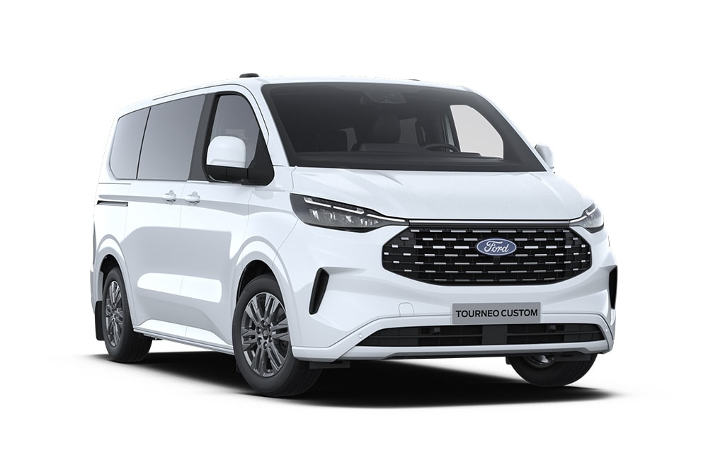 Angle avant gauche d'un Ford Tourneo Custom Titanium blanc.