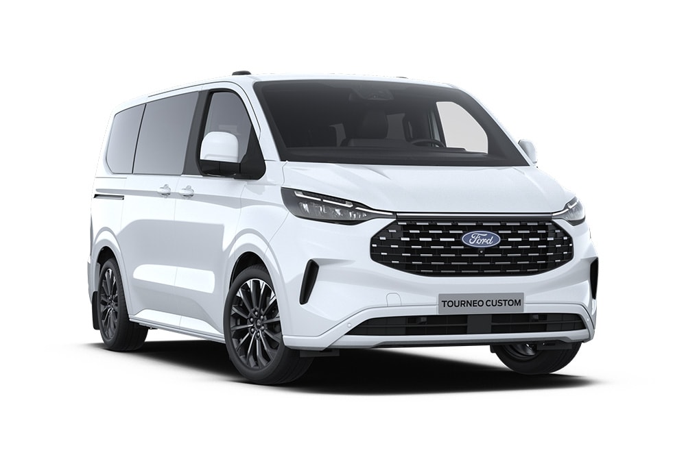 Angle avant gauche d'un Ford Tourneo Custom Titanium X blanc.