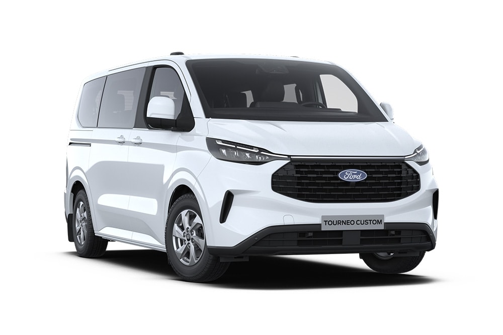 Angle avant gauche d'un Ford Tourneo Custom Trend blanc.