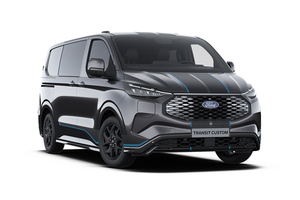 Fourgon Ford E-Transit Custom Sport Multi-use gris anthracite vu de face.