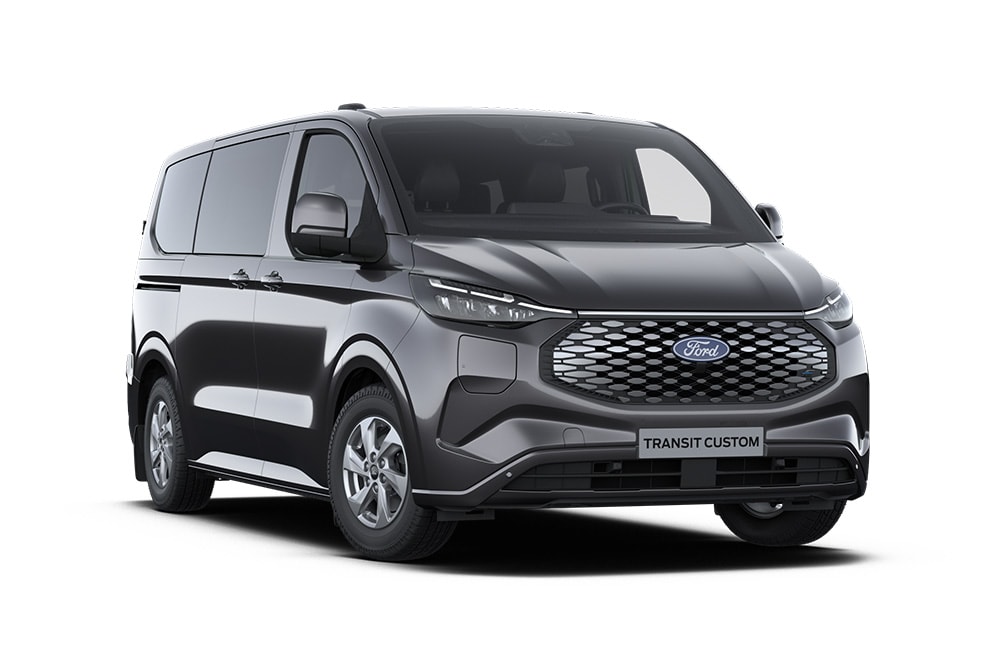 Fourgon Ford Transit Custom Limited Kombi gris anthracite vu de face.
