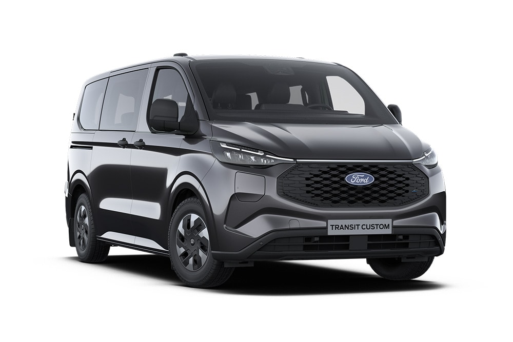 Fourgon Ford Transit Custom Leader Kombi gris anthracite vu de face.