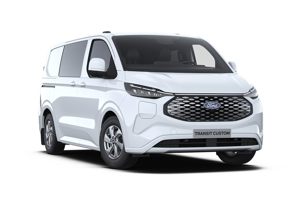 Fourgon électrique Ford E-Transit Custom Multi-use blanc en vue avant inclinée.