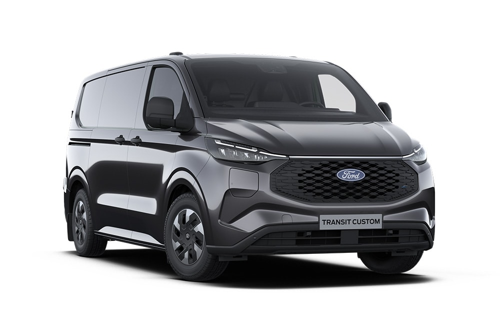 Fourgon Ford E-Transit Custom Trend gris anthracite vu de face.