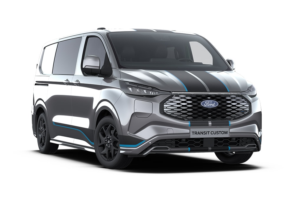 Fourgon Ford E-Transit Custom Sport Multi-use gris anthracite vu de face.