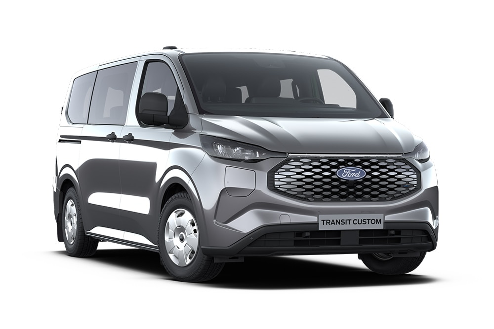 Fourgon Ford Transit Custom Leader Kombi gris anthracite vu de face.