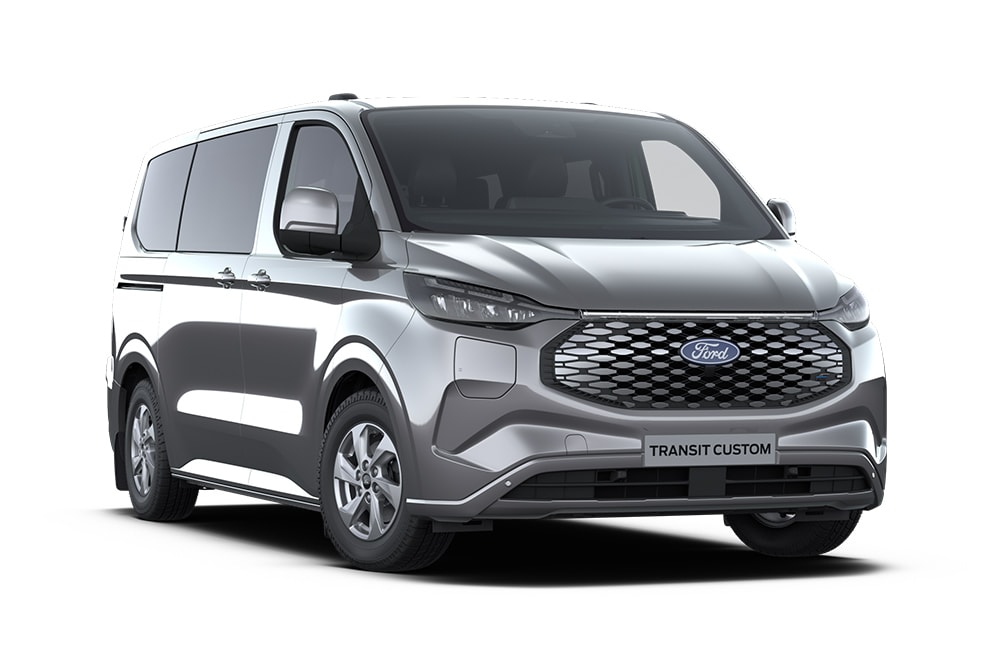 Fourgon Ford Transit Custom Limited Kombi gris anthracite vu de face.