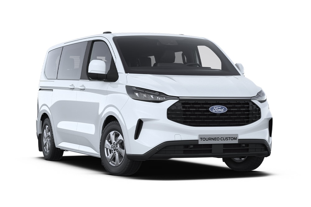 Angle avant gauche d'un Ford Tourneo Custom Trend blanc.