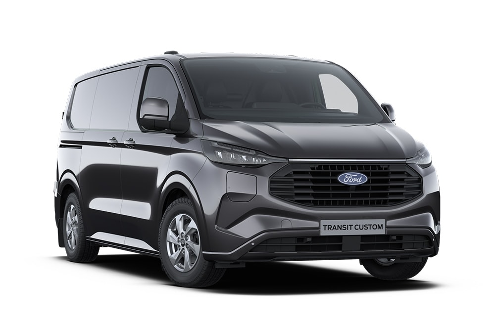 Fourgon Limited Ford Transit Custom gris anthracite, vu de devant.