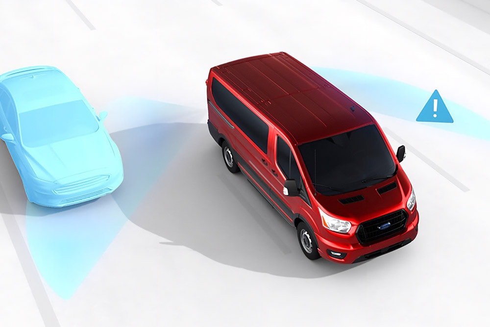 Vue graphique en plongée d’un fourgon Ford Transit rouge avec des icônes d’alerte de sécurité.
