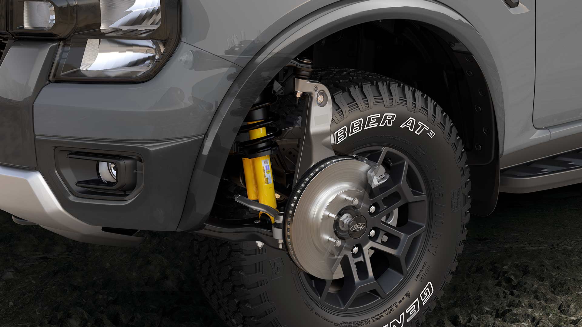 Gros plan d'une roue et d'une suspension d'un Ford Ranger Double Cabine.