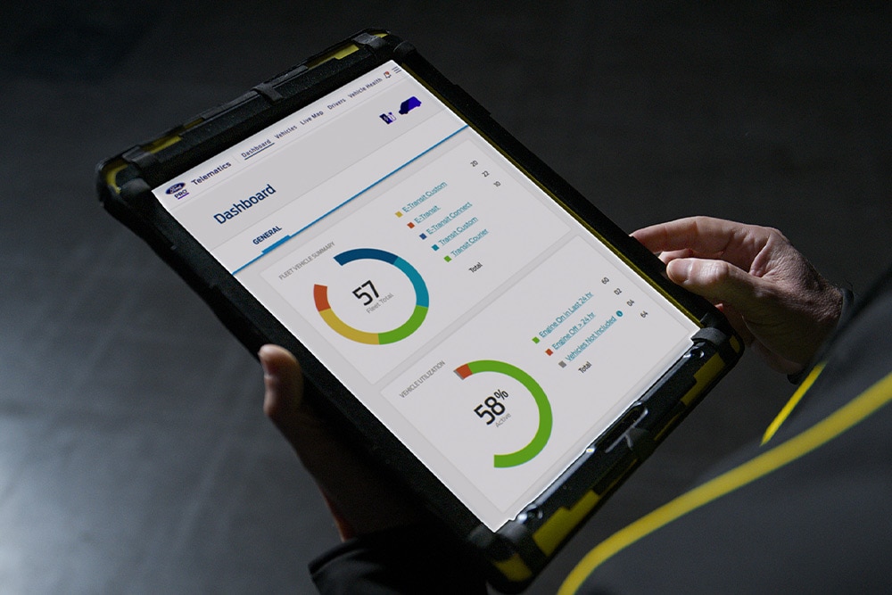 Mains tenant une tablette affichant le tableau de bord FordPass Pro avec les données de performance du véhicule.