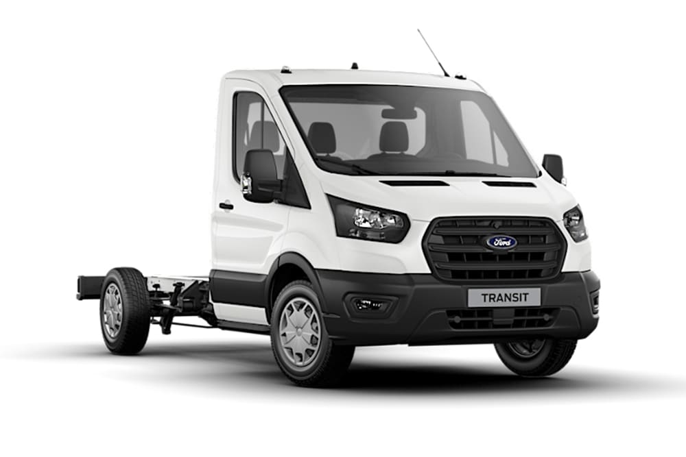 Fourgon Ford Transit châssis-cabine simple blanc sur fond blanc.