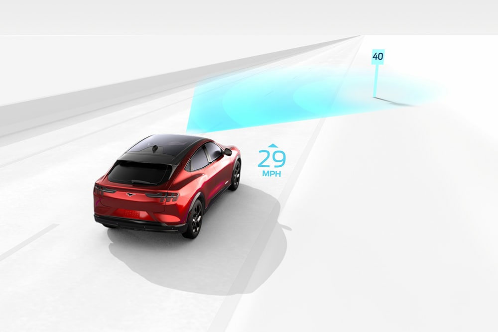 Illustration du système de reconnaissance des panneaux de signalisation sur un véhicule Ford.