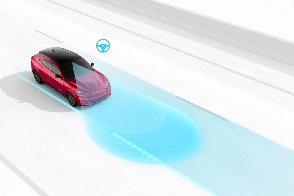 Illustration du système d’aide au maintien dans la voie sur un véhicule Ford.