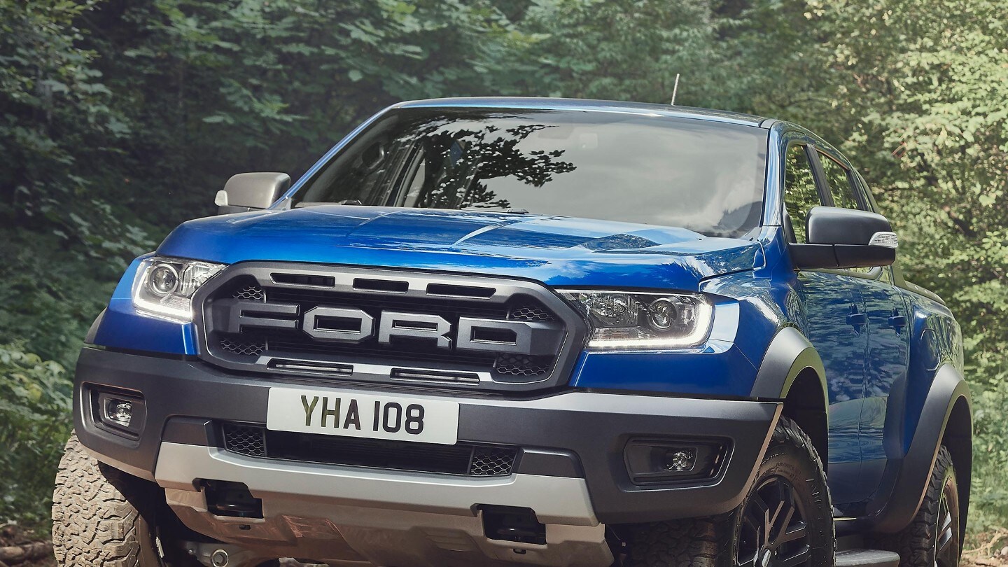 Blue Ford Ranger Raptor grill side view