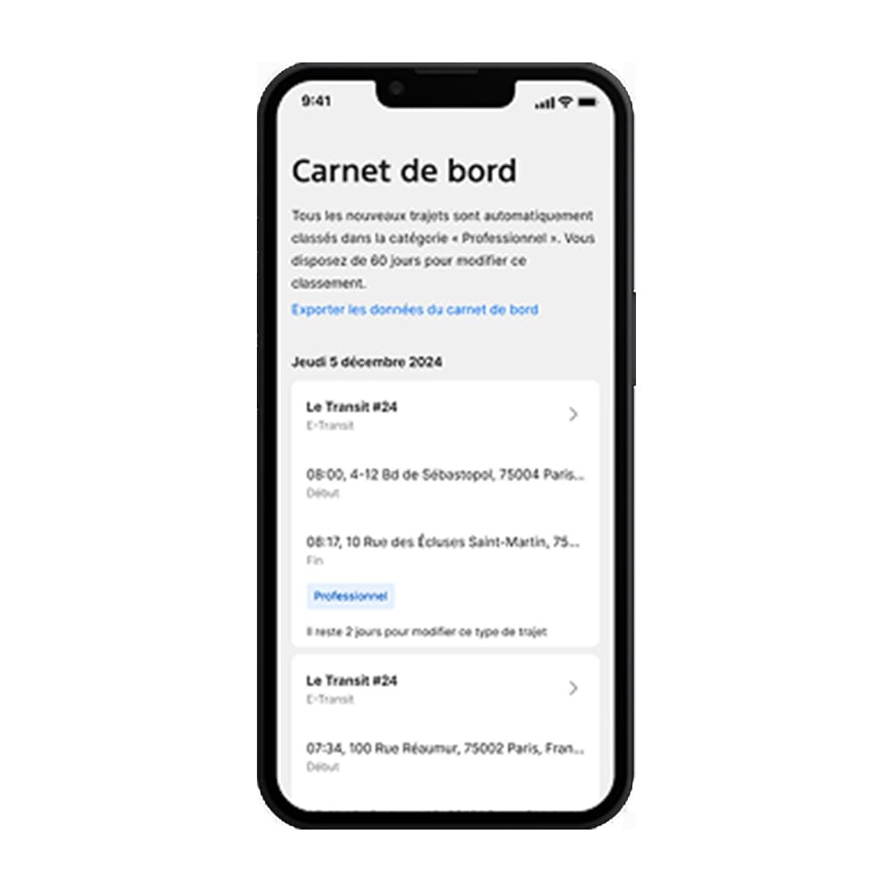 Capture d'écran Ford Pro Telematics Drive avec un carnet de bord affichant les trajets récents d'un véhicule.