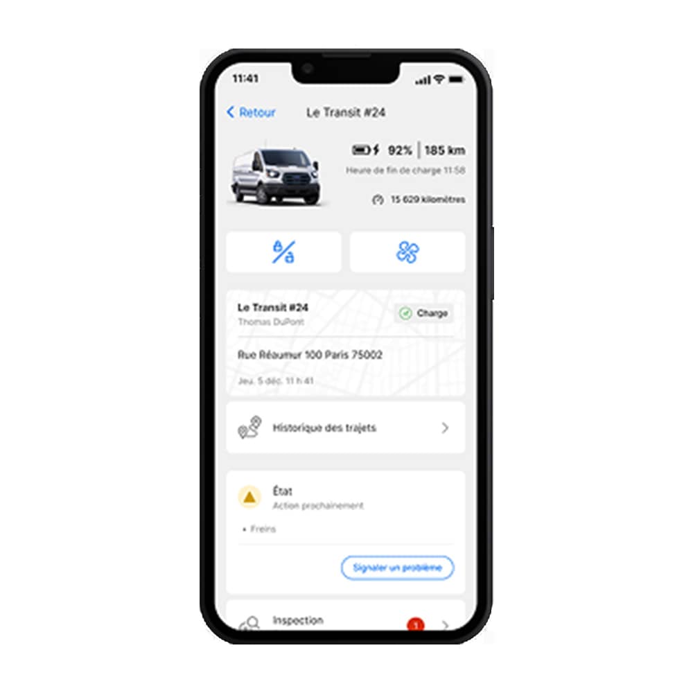 Vue Ford Pro Telematics Drive d'une page de véhicule, affichant divers indicateurs.