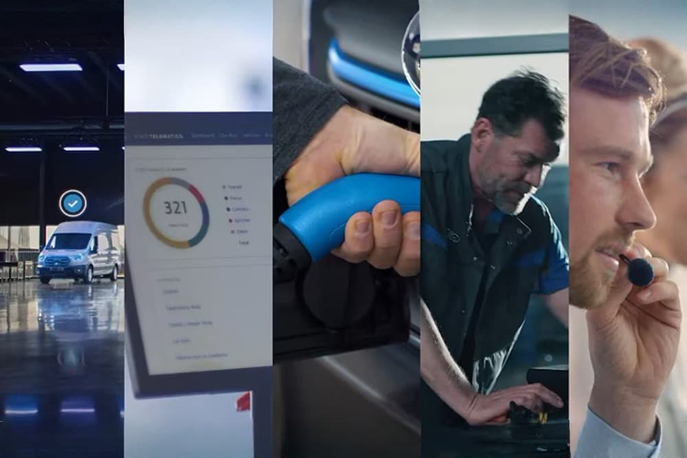 Services Ford Pro: Transit, télématique, recharge VE, technicien, support client.