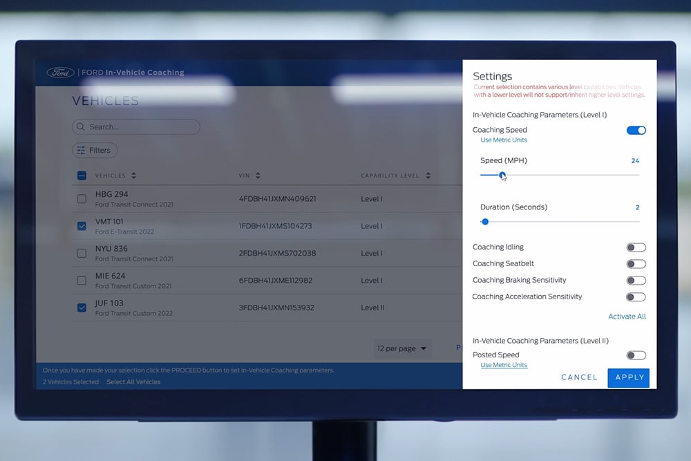 Un tableau de bord affichant les fonctionnalités de coaching embarqué de Ford.
