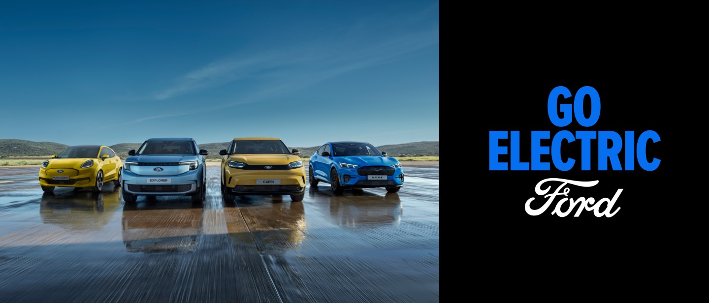 Alignement de véhicules électriques Ford, dont le Ford Puma Gen-E, le Ford Explorer, la Ford Capri et la Ford Mustang Mach-E.